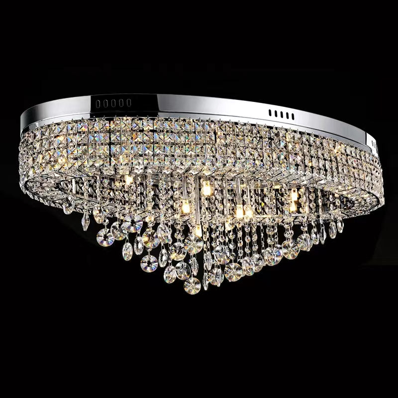 Modern Oversized Flush Mount Oval Crystal Pendant Chandelier for Living Room/Dining Table Light Fixture