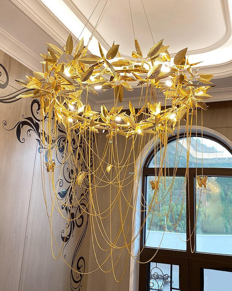 Leaf and Butterfly Luxury Chandelier with Chain Detail
