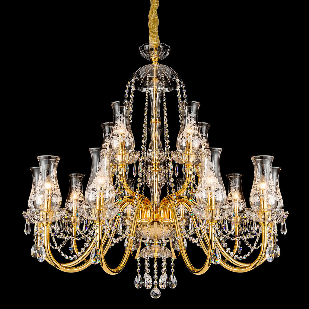2 tier brass chandelier with glass shades