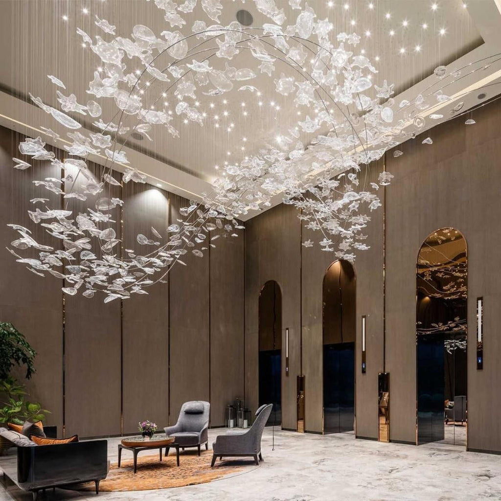 Isliah Modern Murano Hand Blown Clear Crystal Glass Leaf Chandelier - Large Luxury centerpiece or spiral shaped staircase chandelier