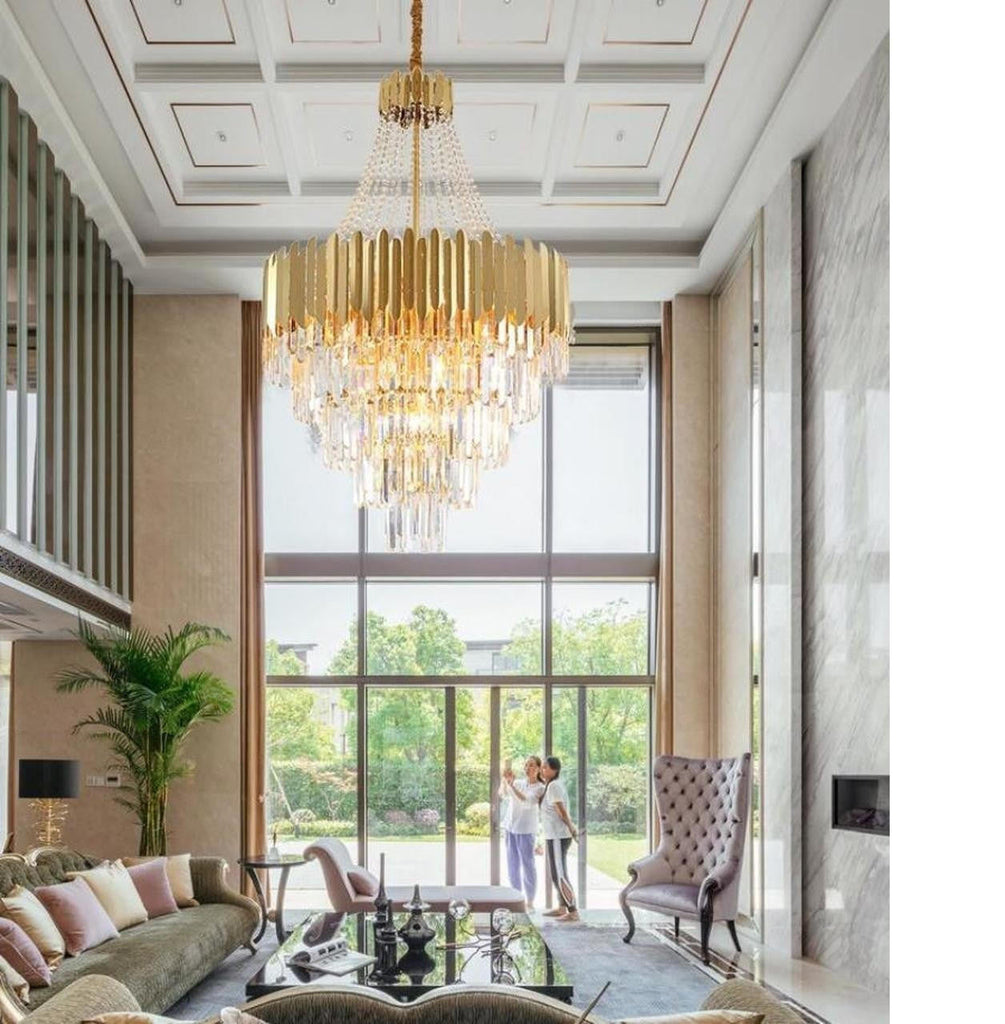 Grand Staircase Gold Crystal Round Chandelier - Large Extravagant Restaurant Chandelier