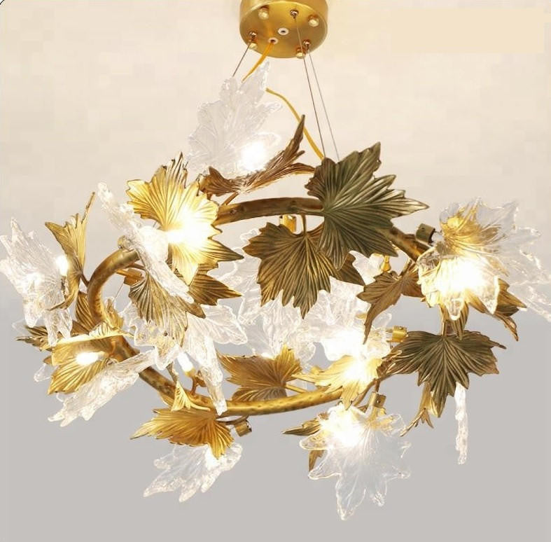 Branch Golden & Clear Crystal Leaf Round Chandelier