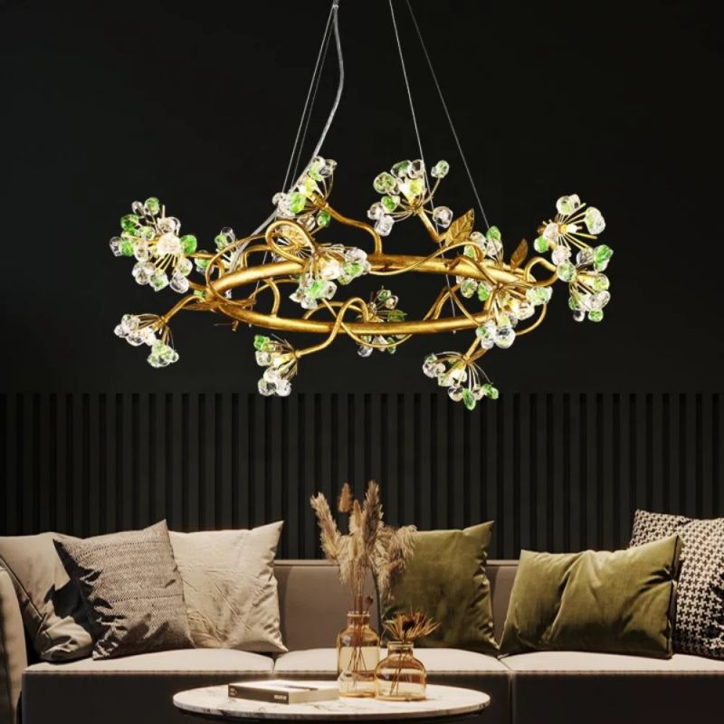 Modes Brass Ring Stone Flower Branch Chandelier