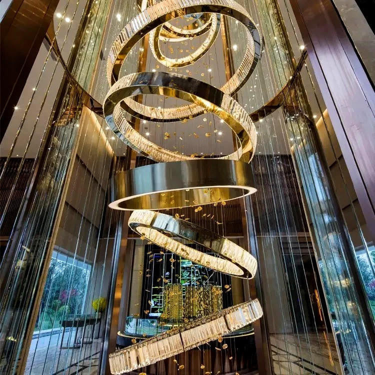 Gold Long Ring Chandelier For Staircase