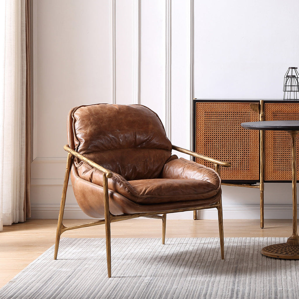 Vintage Forged Iron Brown Leather Accent Chairs