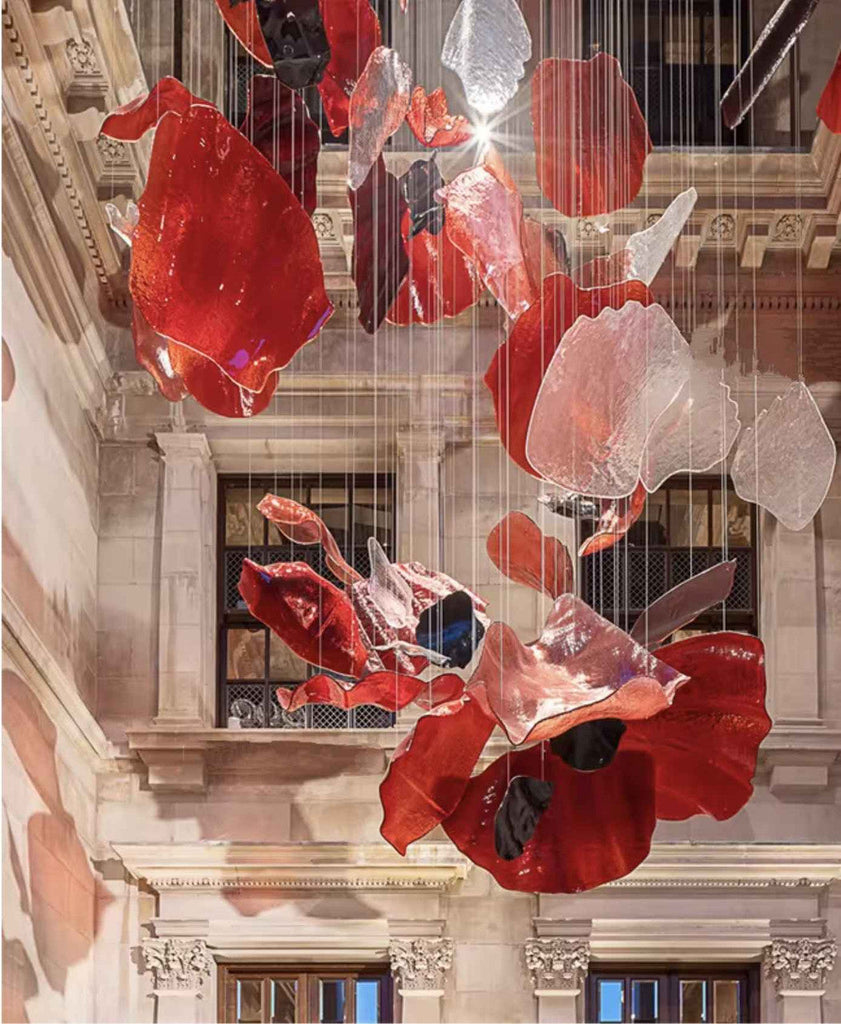 Red Glass Lighting Fixtures - Giant Modern Chandelier - Hanging Light In Stairwell
