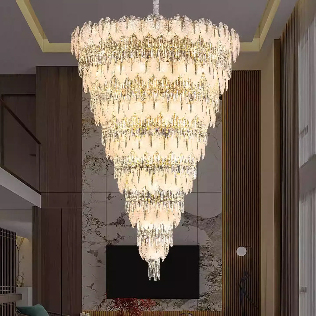 Luxurious Cascading Handcrafted Glass Leaf Multi-Tier Crystal Waterfall Chandelier