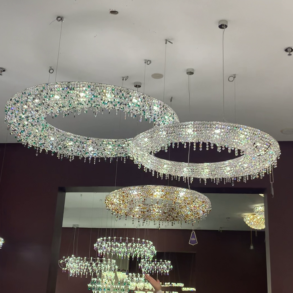 Unique Eccentric Circle Colorful Crystal Beads Chandelier Luxury Ceiling Lamp for  Living/Dining Room