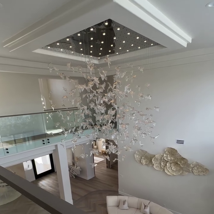 Modern Floating Maple Glass Chandelier with Square Canopy for High-ceiling