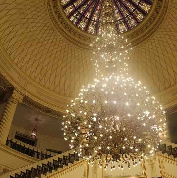 Lighting In Hotel Lobby - Huge Lighting For Hotels - Gold Staircase Long Chandelier